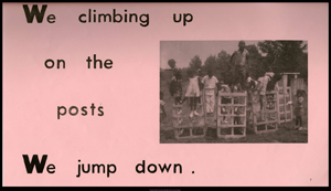 Pink page with a photograph of children playing on wooden pallets. To the left of the image is the test We climbing up on the posts, we jump down.  