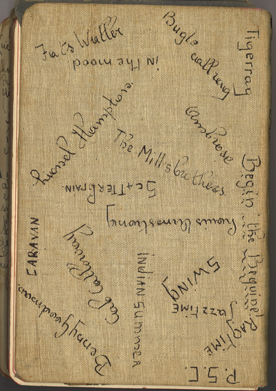 This image shows the back cover of the recipe book. The cover is filled with doodles of Anny van Bommels favorite musicians and songs of the time. The notes include the following musicians and song titles: Fats Waller, Lionel Hampton, The Mills Brothers, Ambrose (and his Orchestra), Louis Armstrong, Cab Calloway, Benny Goodman, In the Mood,Bugle Call Rag,Tiger Rag,Indian Summer,” “Begin the Beguine, Scatter-brain, and Caravan. She also included the words jazztime, swing, Tigerrag, and ragtime. 