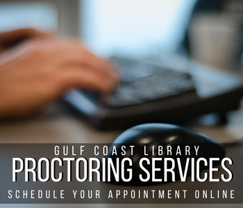 In the background, a blurred close-up of someone typing on a keyboard. Gulf Coast Libraryy highlights it's Proctoring Services. Schedule your apointment here.