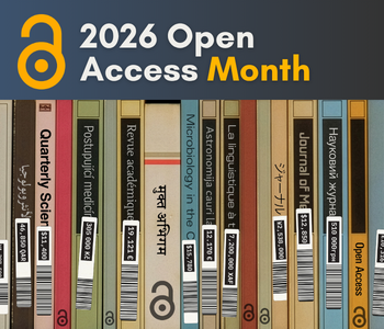 Graphic promoting 2026 Open Access Month, featuring the Open Access logo and a row of library books with call number labels.