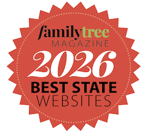 Red and white award badge from Family Tree Magazine recognizing 
