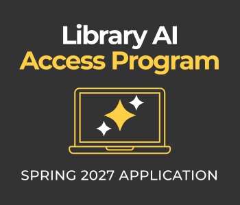 Library AI (white text) Access Program (gold text), spring 2027 application, on a black backdrop, featuring a laptop with one gold and two white four point stars