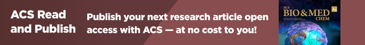 Banner with dark red background with text ACS Read and Publish, Publish your next research article open access with ASC - at no cost to you! To the right is an image of a journal cover of ACS Bio and Med chem.