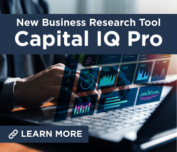 Person using a laptop with financial charts and data overlays on the screen, with text reading New Business Research Tool Capital IQ Pro and a Learn More button.