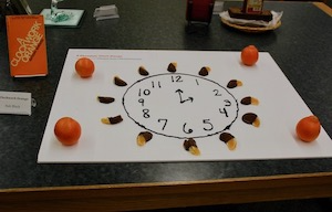 white board with clock face, outside the numbers are orange slices, and four oranges in each corner of the board.