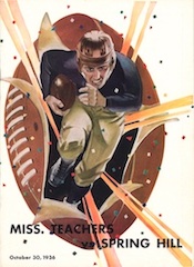 football game program from 1936. Large football with a football player running with ball. Text reads Miss. Teachers vs. Spring Hlll, October 30, 1936.