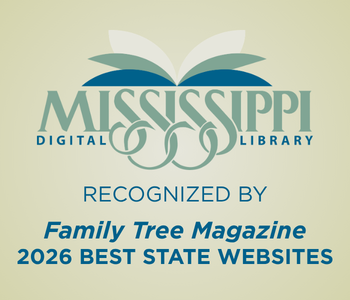 The graphic features the Mississippi Digital Library logo with an open book above the words Mississippi Digital Library,Recognized by Family Tree Magazine 2026 Best State Websites in blue on a light beige background.