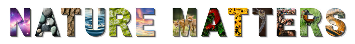 Nature Matters logo featuring large block letters filled with images of natural elements, including landscapes, plants, wildlife, water, rocks, and people