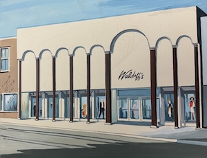 Illustration of the front exterior of Waldoff's department store, featuring a cream-colored façade with a series of tall decorative arches supported by dark columns. Large display windows line the ground floor, with a central entrance beneath the 