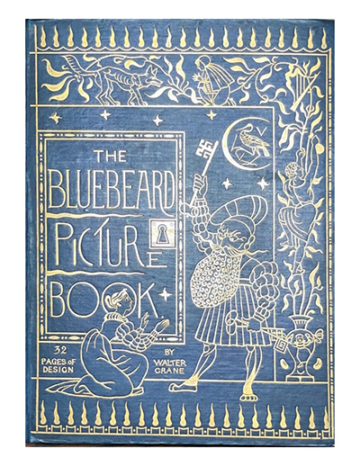 Cover of the book The Bluebeard Picture Book by Walter Crane. The image depicts Lord Bluebeard wielding a key and looming over his wife, who is crouched near the floor in front of a door. States that there are 32 pages of design.