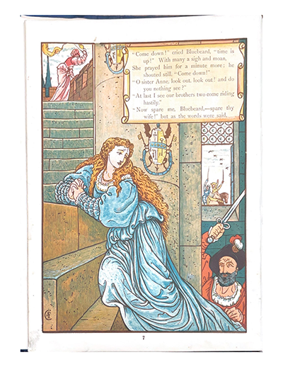 Illustration within Walter Crane’s The Bluebeard Picture Book. The illustration depicts Bluebeard’s wife collapsed on the stairwell with Bluebeard chasing her up and the wife’s sister looking for help. In the upper left corner, a text box reads: “‘Come down!’ cried Bluebeard, time is up! With many a sigh and moan, She prayed him for a minute more; he shouted still, Come down! O sister Anne, look out, look out! and do you nothing see? At last I see our brothers two come riding hastily. Now spare me, Bluebeard, —spare thy wife! but as the words were said